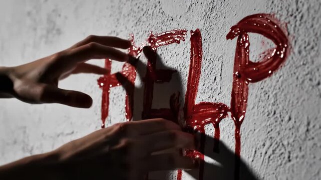 This captures a haunting scene of a person's bloody hands writing a desperate plea for help on a wall, evoking a sense of crime, fear, and desperation.