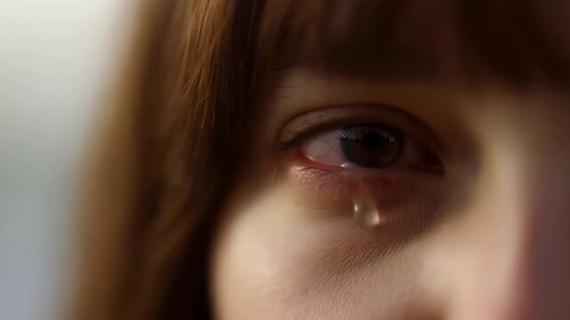 Slow motion closeup shot of woman's eye with single tear falling down cheek in quiet indoor portrait under soft natural light tight framing