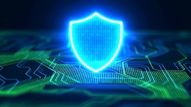 Tracking dolly shot of glowing shield hologram rising above circuit board representing cybersecurity protection on data network platform