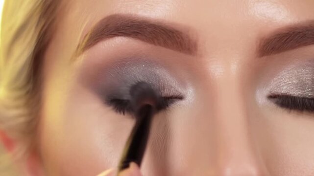 Static shot of woman applying shimmer silver eyeshadow with brush on closed eyelid in studio close up beauty tutorial makeup application