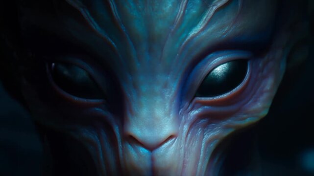 Slow dolly in closeup of alien face revealing subtle eye movement and skin texture in dim sci fi interior chamber