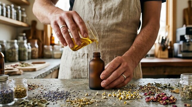 Herbalist pouring organic essential oil into a brown glass bottle on a rustic table covered with dried lavender, chamomile, and rose petals for natural skincare and aromatherapy use.