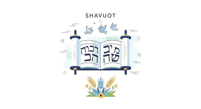 Shavuot holiday illustration with Torah scroll, flying doves, and wheat sheaves