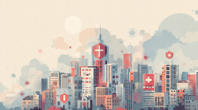 Stylized illustration of a city skyline featuring modern buildings with Swiss flags and shields, surrounded by clouds and abstract shapes, for themes about laboratory work, chemistry and biotechnology