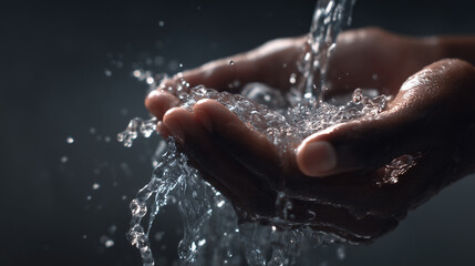 Fototapeta premium Close-up of hands cupping flowing water, droplets splashing around, for themes about clean drinking water, hydration and health, environmental conservation, sustainability, personal hygiene