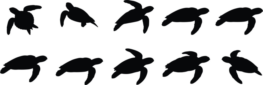 Sea turtle silhouette icon set featuring swimming marine reptiles in various poses minimal black ocean wildlife illustrations