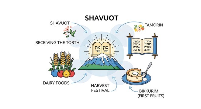 Shavuot Jewish holiday explanation illustration featuring Mount Sinai, Torah scroll, dairy foods, and first fruits