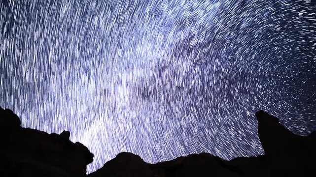 Milky Way Galaxy Star Trails in West Sky at 24mm Over Rock Formation Astrophotography Time Lapse in California USA