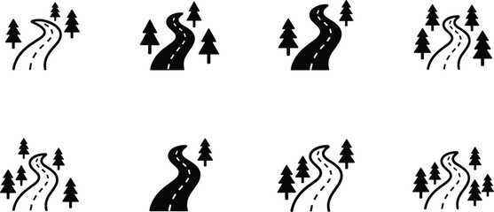 Set of winding road icons with trees and curves minimalist vector illustration collection for travel and nature design © pappa