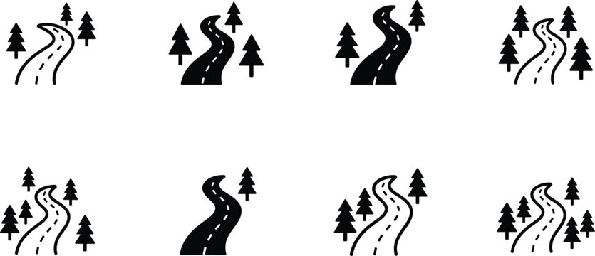 Set of winding road icons with trees and curves minimalist vector illustration collection for travel and nature design
