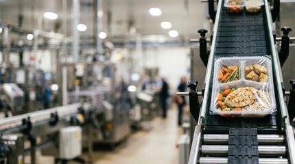 Obraz premium Packaged meals with chicken and vegetables move along an industrial conveyor belt