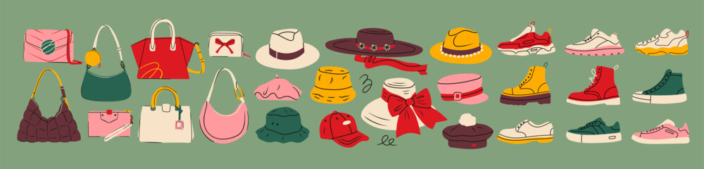 Fototapeta na wymiar Various colorful female Bags, Hats, Shoes. Handbag, shopper, clutch, wallet, purse, cap, sneakers, boots. Fashionable clothes, accessories. Hand drawn trendy Vector illustration. Isolated elements