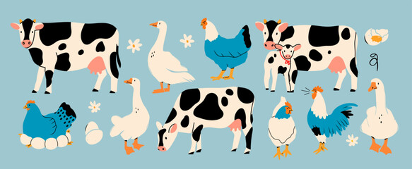 Big Farm set. Different chicken, rooster, eggs in nest, geese, cows. Farm birds, Easter, organic eco food concept. Isolated design elements. Cute domestic animals. Hand drawn Vector illustration
