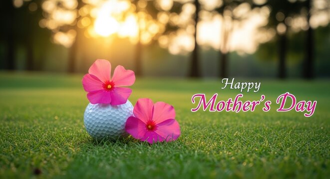 Happy labor day wishes with pink flowers on golf ball in green grass