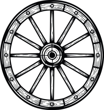 Vintage Wooden Wagon Wheel Hand Drawn Continuous Line Vector Rustic Western Illustration