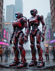 Naklejka premium Retro-Futuristic Robots: 1950s Factory Machinery Reimagined as Cybernetic Beings in Neon City