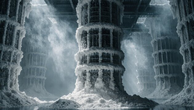 Medium shot of a vast precipitation tank gallery showcasing tall precipitators amidst ethereal foggy vapor highlighting the industrial crystallization process in a misty