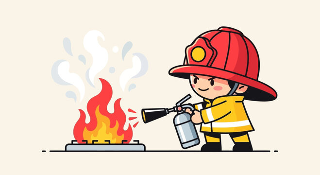 Little fireman in red helmet fighting fire.