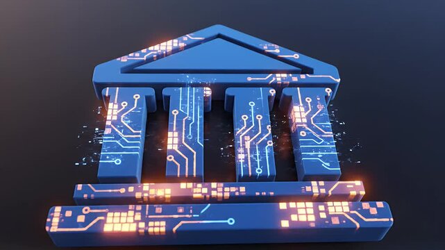 A 3D blue neoclassical building with glowing circuit board lines