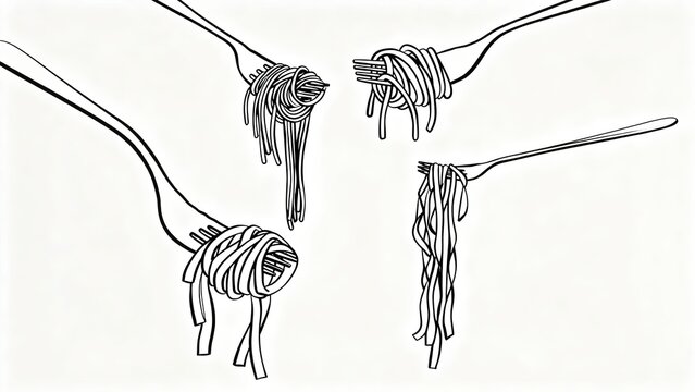 Hand drawn vector illustration of spaghetti and pasta on forks minimalist line art food sketch culinary design simple black and white drawing,detail,detail,detail,detail,detail