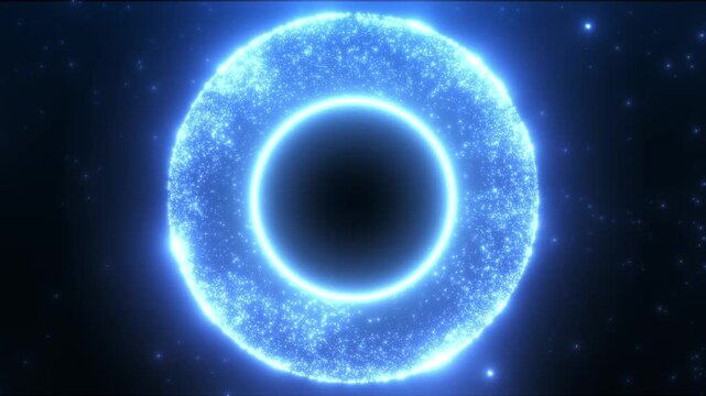 Dynamic glowing blue energy ring with sparkling particles pulses and rotates on a dark starry space background, symbolizing cosmic portals, futuristic technology, and boundless energy. Ideal for sci-f