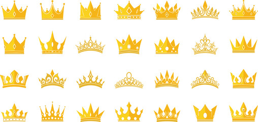 Golden crown collection with royal tiaras and king crowns, luxury monarchy symbols set with decorative elements vector illustration © MstGulzan