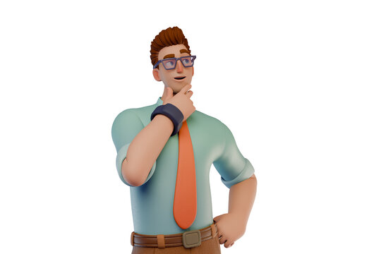 3D Cartoon Businessman Character Thinking Confident Professional With Glasses And Tie