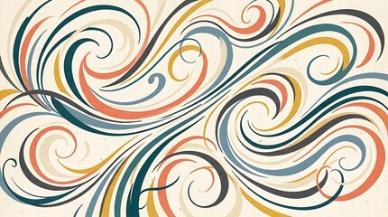 Obraz premium Colorful swirling patterns create a dynamic and artistic visual effect with teal, orange, and yellow hues on a cream background, showcasing fluid and elegant designs.