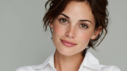 Fototapeta premium Young woman with natural makeup and brown hair smiling gently looking at camera in studio portrait with soft lighting and neutral background, wearing white shirt.