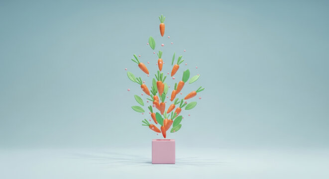 Conceptual Carrots Tree Growing From Pink Box Fresh Spring Vegetables Harvest Healthy Food Diet Nutrition Vitamins Agriculture Farming Veganism