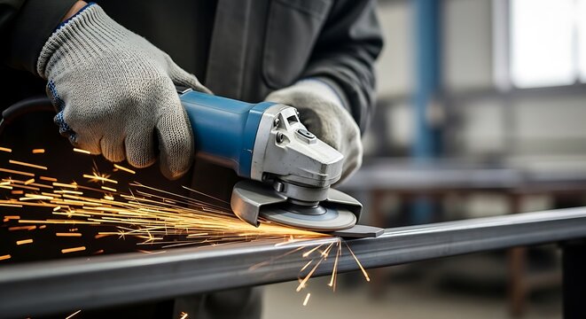 Close-up of gloved hands using an angle grinder on metal, creating sparks in a workshop