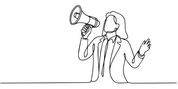 Hand drawn cartoon dog and abstract cat with people using megaphone for announcement