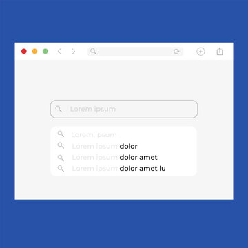 Search Bar with suggestions for UI UX design and web site. Google search bar shadow on blue background. Light mode