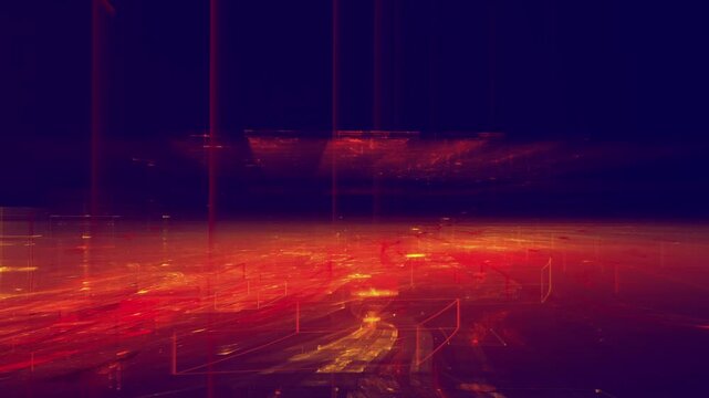 Futuristic digital cityscape composed of glowing light trails, grid structures and reflective planes suggesting data flow and urban tech infrastructure, technology
