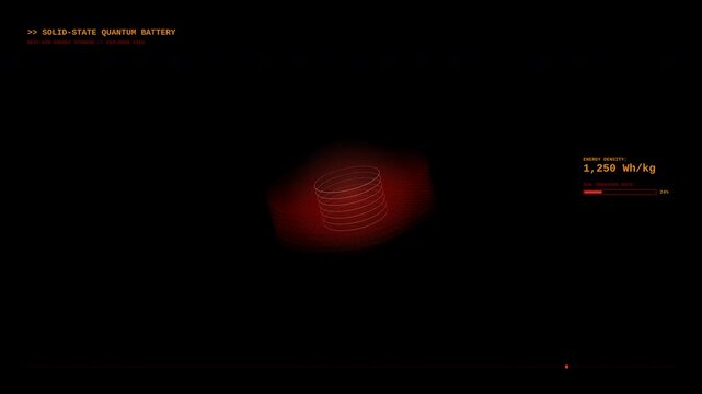 Solid-state quantum battery on black background with red glow rotating and decreasing energy, scientific interface displaying energy density and ion transfer rate