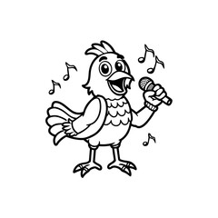 Fototapeta premium A cartoon bird with a microphone singing with musical notes around it.