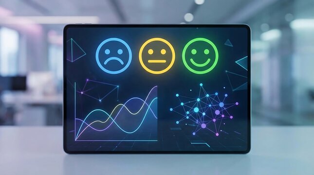 Customer feedback dashboard on digital tablet, glowing emoji rating icons with data analytics charts, business sentiment analysis interface