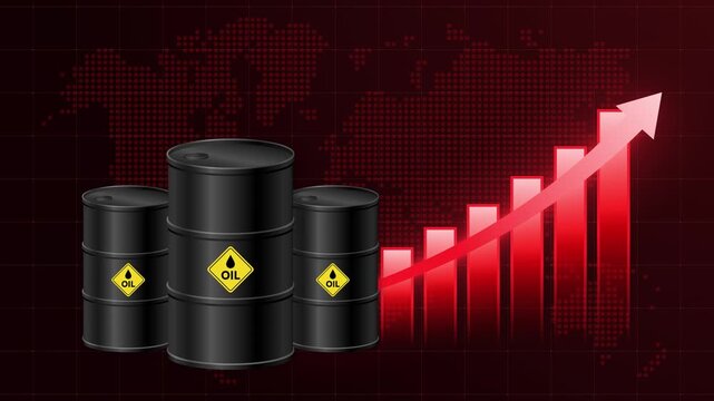 Rising oil prices and global energy crisis animation concept. Oil barrel, Red arrow and chart. Showing crude oil price surge, fuel inflation, market growth, supply disruption and economic recession