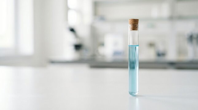 A single glass test tube filled with blue liquid capped with cork rests on a white surface in a laboratory setting