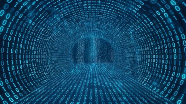 Digital binary code tunnel with glowing blue ones and zeros representing data and technology concepts
