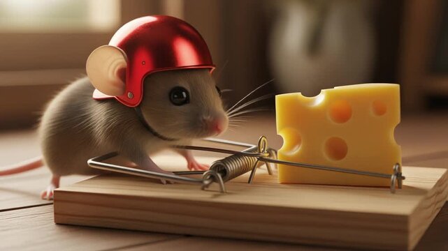 Cute mouse wearing red helmet near cheese on wooden mousetrap in warm cozy setting