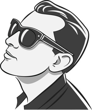 Vintage retro man portrait wearing sunglasses, classic 1950s rockabilly style vector illustration, cool male character with pompadour hairstyle