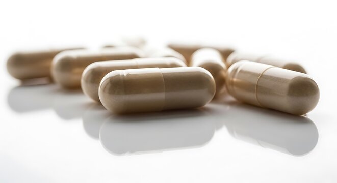 Close-up of several beige capsules scattered on a bright, reflective white surface