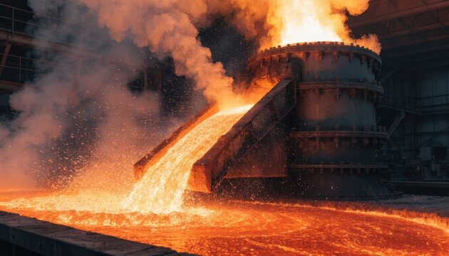 Medium shot of a flash copper smelting furnace showing intense flames and rapid molten copper flow in a highefficiency industrial refining process.