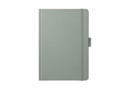A closed sage green notebook with a elastic closure