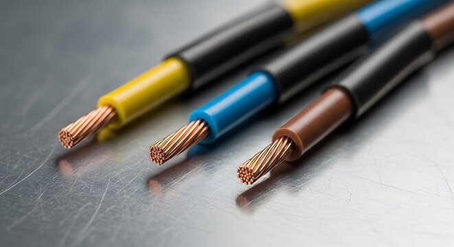 Close-up of three colored electrical wires against a metallic, reflective surface