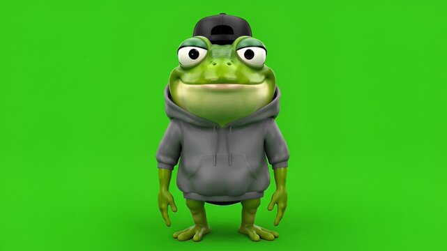 Animated cartoon frog wearing a hoodie and baseball cap standing against a green screen background, 3D rendering
