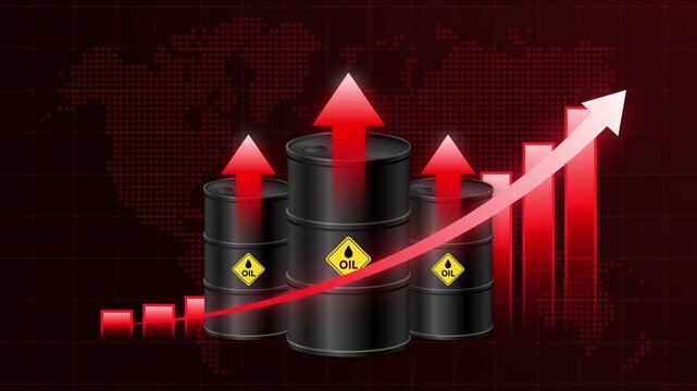 Global oil price surge and energy crisis animation concept. Oil barrels with red upward arrows and chart. Illustrate increasing crude oil prices, fuel inflation, market growth and supply disruption