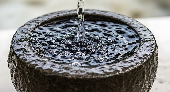 Close-up of water pouring into a weathered, stone bowl, creating bubbles