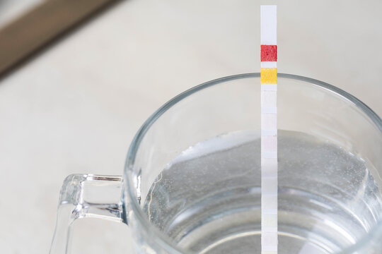 Water test strip immersion in clear glass of water displaying chemical reaction color changes measurement of water parameters for quality analysis of drinking water for safety and health purposes